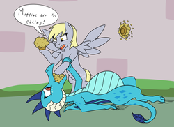 Size: 1200x873 | Tagged: safe, artist:8aerondight8, derpy hooves, princess ember, dragon, pegasus, pony, g4, triple threat, abuse, angry, belly, big belly, bipedal, bloated, dragon lord ember, dragonlard ember, duo, duo female, fat, female, food, force feeding, muffin, open mouth, stuffed, stuffing, weight gain