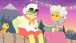 Size: 1920x1080 | Tagged: safe, screencap, derp cat, goldie delicious, granny smith, cat, equestria girls, equestria girls series, g4, road trippin, clothes, dress, female, lemon squeezy, mountain, shawl