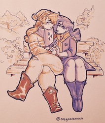 Size: 1577x1847 | Tagged: dead source, safe, artist:cozynakovich, applejack, rarity, human, g4, applebucking thighs, autumn, bench, clothes, date, female, holding hands, hug, humanized, lesbian, scarf, scenery, ship:rarijack, shipping