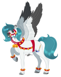 Size: 800x1004 | Tagged: safe, artist:bijutsuyoukai, oc, oc only, oc:astral sketch, pegasus, pony, animal costume, colored wings, costume, female, harness, mare, multicolored wings, reindeer costume, simple background, solo, tack, transparent background