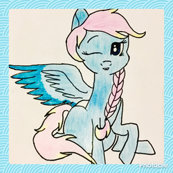 Size: 2048x2048 | Tagged: safe, artist:peppermint-frost, oc, oc only, oc:sketchy clouds, pegasus, pony, female, high res, mare, one eye closed, prone, solo, traditional art, wink