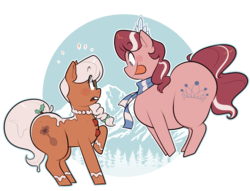 Size: 2300x1760 | Tagged: safe, artist:secretgoombaman12345, diamond tiara, silver spoon, food pony, original species, g4, chubby diamond, clothes, fat, food, food transformation, forest, gingerbread (food), gingerbread pony, holly, imminent vore, mountain, scarf, simple background, tongue out, transparent background