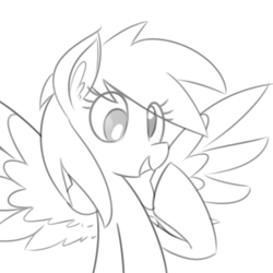 Size: 500x500 | Tagged: dead source, safe, artist:reiduran, derpy hooves, pegasus, pony, g4, ear fluff, female, grayscale, mare, monochrome, raised hoof, simple background, sketch, smiling, solo, spread wings, white background, wings