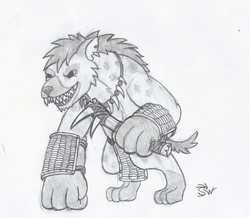 Size: 1915x1671 | Tagged: safe, artist:sensko, diamond dog, gnoll, hyena, original species, grayscale, knuckle walking, mercenary, monochrome, pencil drawing, simple background, sketch, traditional art, weapon, white background