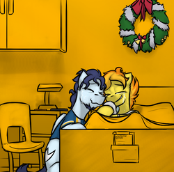 Size: 800x789 | Tagged: safe, artist:captainhoers, soarin', spitfire, oc, oc:concorde, pony, g4, christmas wreath, crying, female, hearth's warming eve, hospital, hug, male, newborn, nonbinary, offspring, parent:soarin', parent:spitfire, parents:soarinfire, ship:soarinfire, shipping, straight, tears of joy, wreath