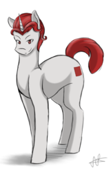 Size: 635x984 | Tagged: safe, artist:scarletsfeed, oc, oc only, oc:mr red, pony, unicorn, fallout equestria, fallout equestria: child of the stars, antagonist, clone, fallout, male, oc villain, solo, stallion, villainess