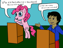 Size: 4000x3000 | Tagged: artist needed, safe, pinkie pie, earth pony, human, pony, g4, carlos ramón, coffee, crossover, duo, magic school bus, podium, pun, pun contest, watch, why