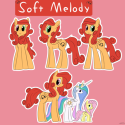 Size: 3496x3496 | Tagged: safe, artist:taurson, fluttershy, princess celestia, oc, oc:soft melody, alicorn, pegasus, pony, g4, heterochromia, high res, reference sheet, size difference