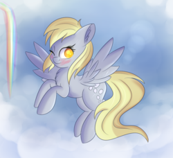 Size: 978x893 | Tagged: safe, artist:brok-enwings, derpy hooves, pegasus, pony, g4, cloud, flying, one eye closed, sky, smiling