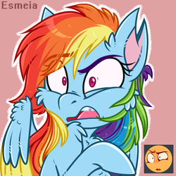 Size: 512x512 | Tagged: safe, artist:esmeia, rainbow dash, pegasus, pony, g4, bust, cheek fluff, chest fluff, emoji, emoticon, female, mare, open mouth, pink background, raised eyebrow, raised hoof, reaction, simple background, solo