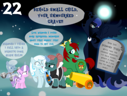 Size: 1024x768 | Tagged: safe, artist:bronybyexception, diamond tiara, princess luna, silver spoon, spirit of hearth's warming yet to come, oc, oc:nanny soak, oc:snowdrop, ghost, pony, g4, a christmas carol, abuse, advent calendar, christmas, christmas carol, ebenezer scrooge, grave, gravestone, holiday, implied child abuse, implied childhood issues, party cannon, the ghost of christmas past, the ghost of christmas present, the ghost of christmas yet to come, tiarabuse