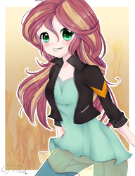 Size: 1227x1600 | Tagged: safe, artist:wolfchen999, sunset shimmer, human, g4, clothes, female, humanized, jacket, leather jacket, long hair, shirt, smiling, solo