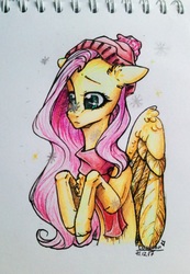 Size: 1106x1600 | Tagged: safe, artist:lantoor, fluttershy, pegasus, pony, g4, bust, clothes, female, floppy ears, hat, looking at something, portrait, scarf, snow, snowfall, solo, traditional art, wings, winter, winter outfit