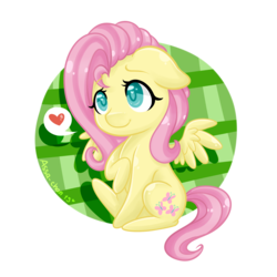 Size: 2000x2000 | Tagged: safe, artist:assa-chan, fluttershy, pegasus, pony, g4, chibi, cute, female, floppy ears, heart, heart eyes, high res, looking up, raised hoof, shyabetes, sitting, smiling, solo, spread wings, wingding eyes, wings