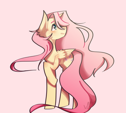 Size: 1024x918 | Tagged: safe, artist:toriline, fluttershy, pegasus, pony, g4, female, folded wings, hair over one eye, looking away, looking up, raised hoof, simple background, smiling, solo, standing, turned head, wings