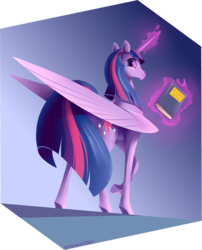Size: 2269x2802 | Tagged: safe, artist:batonya12561, twilight sparkle, alicorn, pony, g4, book, female, glowing horn, high res, hoers, horn, large wings, looking at you, magic, majestic, mare, solo, telekinesis, twilight sparkle (alicorn), wings
