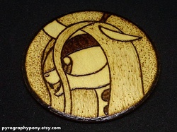 Size: 570x427 | Tagged: safe, artist:aracage, queen chrysalis, changeling, changeling queen, g4, coaster, etsy, female, irl, photo, pyrography, quadrupedal, solo, traditional art, woodwork