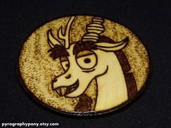 Size: 570x427 | Tagged: safe, artist:aracage, discord, draconequus, g4, coaster, etsy, irl, male, photo, pyrography, solo, traditional art, woodwork