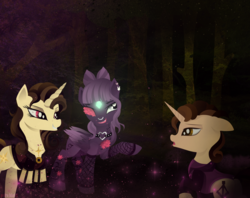 Size: 2294x1818 | Tagged: safe, artist:pedrohander, oc, oc only, oc:gray compass, oc:lily polnoch, oc:mieze katze, pony, unicorn, forest, night