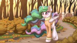 Size: 3840x2160 | Tagged: safe, artist:ohemo, princess celestia, alicorn, pony, g4, 4k, autumn, blushing, bridge, clothes, female, flowing mane, forest, grass, high res, horn, leaves, mare, open mouth, road, sky, solo, sweater, tree, walking, wings
