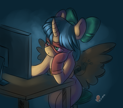 Size: 2725x2410 | Tagged: safe, artist:maxiima, oc, oc only, oc:ducky ink, pony, unicorn, bow, clothes, costume, fake wings, high res, hoof gloves, leaning, mask, monitor, stool, wings