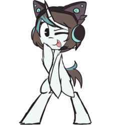 Size: 1280x1400 | Tagged: safe, artist:lilboulder, oc, oc only, oc:pixel byte, pony, unicorn, bipedal, blank flank, cat ears, covering, female, headset, mare, one eye closed, simple background, smiling, solo, standing, tongue out, white background, wink