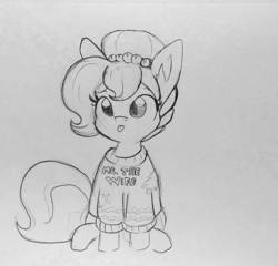Size: 1336x1285 | Tagged: safe, artist:tjpones, oc, oc only, oc:brownie bun, earth pony, pony, horse wife, :p, christmas sweater, clothes, ear fluff, female, grayscale, lineart, mare, monochrome, silly, silly pony, sitting, solo, sweater, tongue out, traditional art