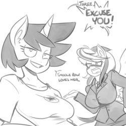 Size: 500x500 | Tagged: source needed, safe, artist:reiduran, oc, oc only, oc:corona flare, oc:ostria chime, anthro, ask, big breasts, breasts, clothes, dialogue, ear fluff, grayscale, implied wardrobe malfunction, looking at you, monochrome, tumblr