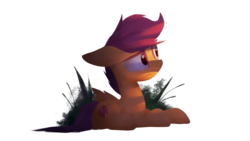 Size: 3840x2160 | Tagged: safe, artist:opticspectrum, scootaloo, pegasus, pony, g4, female, filly, grass, high res, sad, shading, shadow, simple background, solo, transparent background