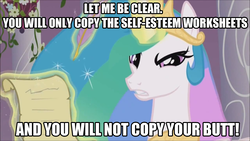 Size: 1280x720 | Tagged: safe, edit, edited screencap, screencap, princess celestia, pony, g4, the crystal empire, angry, beavis and butthead, coach buzzcut, female, glare, image macro, letter, looking at you, meme, solo