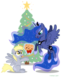 Size: 606x768 | Tagged: safe, artist:tim-kangaroo, derpy hooves, princess luna, g4, bow, christmas, christmas tree, decoration, flying, food, glowing horn, hearth's warming, holiday, horn, magic, muffin, present, simple background, telekinesis, tree, white background