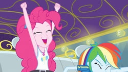 Size: 1920x1080 | Tagged: safe, screencap, pinkie pie, rainbow dash, equestria girls, g4, my little pony equestria girls: better together, road trippin, armpits, female, geode of sugar bombs, hands up, magical geodes, tour bus, woohoo