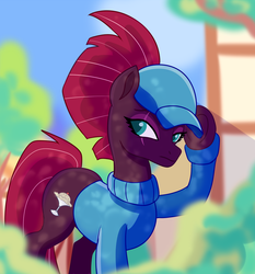 Size: 1119x1200 | Tagged: safe, artist:edowaado, fizzlepop berrytwist, tempest shadow, pony, unicorn, g4, my little pony: the movie, building, cap, clothes, cloud, eye scar, female, hat, mare, ponyville, raised hoof, scar, shrub, sky, solo, sweater