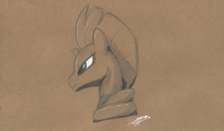 Size: 2910x1716 | Tagged: safe, artist:brisineo, tempest shadow, pony, unicorn, g4, my little pony: the movie, broken horn, brown background, bust, colored pencil drawing, female, horn, mare, paper, pencil drawing, simple background, sketch, solo, traditional art