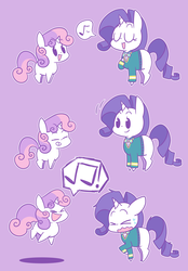Size: 1244x1788 | Tagged: safe, artist:typhwosion, rarity, sweetie belle, pony, unicorn, g4, ><, chibi, comic, cute, diasweetes, duo, eyes closed, female, filly, happy, mare, music notes, pictogram, ponytones outfit, purple background, raised hoof, simple background, singing, smiling, sweat, sweatdrop