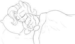 Size: 1152x684 | Tagged: safe, artist:smoldix, starlight glimmer, oc, oc:filly anon, pony, unicorn, g4, cuddling, cute, duo, eyes closed, female, filly, momlight glimmer, monochrome, simple background, sleeping, snuggling, white background