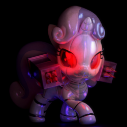 Size: 1920x1920 | Tagged: dead source, safe, artist:fillerartist, sweetie belle, pony, robot, robot pony, unicorn, g4, 3d, angry, blender, blender cycles, dark lighting, darkness, female, filly, foal, glowing eyes, hooves, horn, red eyes, solo, sweetie bot
