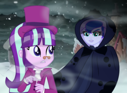 Size: 1796x1324 | Tagged: safe, artist:sashaartheart, princess luna, snowfall frost, spirit of hearth's warming yet to come, starlight glimmer, vice principal luna, a hearth's warming tail, equestria girls, g4, clothes, duo, duo female, equestria girls interpretation, female, hat, scene interpretation, top hat