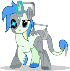 Size: 812x819 | Tagged: safe, artist:mlp-trailgrazer, oc, oc only, oc:doodle, cyber pony, cyberman, cyborg, pony, unicorn, doctor who, female, glowing horn, heterochromia, horn, magic, mare, raised hoof, simple background, solo, transparent background, unshorn fetlocks