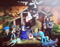 Size: 2048x1606 | Tagged: safe, flash sentry, trixie, alien, pony, equestria girls, g4, alternate history, baby jesus, bioshock, bioshock infinite, coelacanth, deadpool, elizabeth, ellen ripley, eqventures of the minis, gun, irl, lego, manger, nativity, not salmon, photo, prowl, rick and morty, rick sanchez, transformers, wat, weapon, weird al yankovic