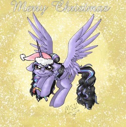 Size: 1404x1408 | Tagged: safe, artist:melonseed11, oc, oc only, oc:tillie, alicorn, pony, christmas, female, hat, holiday, mare, merry christmas, santa hat, solo