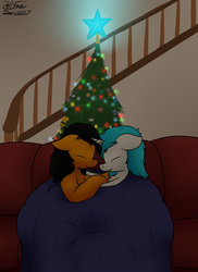 Size: 1529x2098 | Tagged: safe, artist:the-furry-railfan, oc, oc only, oc:minty candy, oc:twintails, pegasus, pony, unicorn, blanket, christmas, christmas lights, christmas tree, couch, couple, cute, holiday, indoors, railing, sleeping, snuggling, stairs, tree