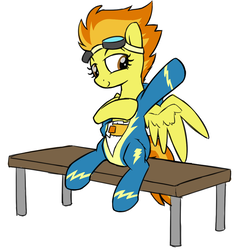 Size: 1200x1200 | Tagged: safe, artist:skitter, spitfire, pony, g4, clothes, cute, cutefire, diaper, dressing, female, grin, non-baby in diaper, simple background, smiling, solo, uniform, wonderbolts uniform