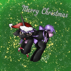 Size: 1428x1427 | Tagged: safe, artist:melonseed11, oc, oc only, oc:lavendar, pony, unicorn, bow, candy, candy cane, christmas, female, food, hat, holiday, mare, merry christmas, santa hat, solo, tail bow, tongue out