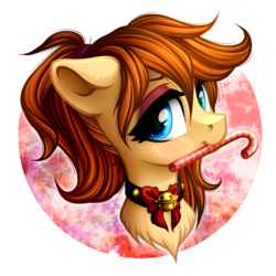Size: 1000x1000 | Tagged: safe, artist:vird-gi, oc, oc only, oc:home sweet, pony, bow, bust, candy, candy cane, christmas, commission, food, holiday, ponytail, portrait, solo