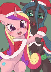 Size: 1000x1414 | Tagged: safe, artist:yanamosuda, princess cadance, queen chrysalis, alicorn, pony, g4, christmas, christmas changeling, cute, cutealis, cutedance, duo, duo female, female, floppy ears, hat, holiday, infidelity, lesbian, looking at you, mare, open mouth, santa hat, ship:cadalis, shipping, smiling