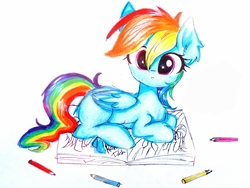 Size: 2822x2117 | Tagged: safe, artist:liaaqila, rainbow dash, pegasus, pony, g4, behaving like a cat, blank flank, book, cute, dashabetes, ear fluff, female, folded wings, high res, liaaqila is trying to murder us, liaaqila is trying to murder us with dashabetes, looking at you, pencil, prone, simple background, sitting, solo, traditional art, white background
