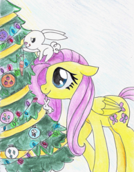 Size: 776x1000 | Tagged: safe, artist:astevenamedwolf, angel bunny, fluttershy, pegasus, pony, g4, christmas, christmas tree, cutie mark, decoration, duo, floppy ears, folded wings, holiday, mouth hold, profile, sitting on head, traditional art, tree