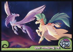 Size: 1000x713 | Tagged: safe, classical hippogriff, hippogriff, g4, my little pony: the movie, card, cloud, eye contact, flying, looking at each other, looking back, open mouth, sky, smiling, sparkles, spread wings, wings