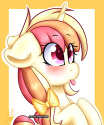 Size: 1024x1229 | Tagged: safe, artist:girlunicorn, oc, oc only, pony, unicorn, blushing, bust, female, mare, portrait, solo, tongue out